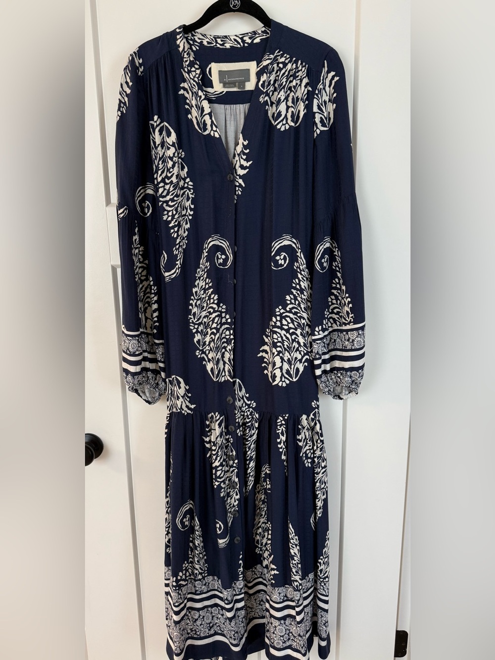 Anthropologie Tiered Button Down Navy & Cream Printed  Maxi Dress
